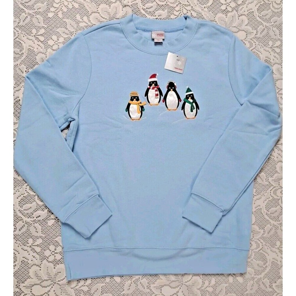 Holiday Editions Sweatshirt Womens Size S Powder Blue Penguins Holiday Kmart New
